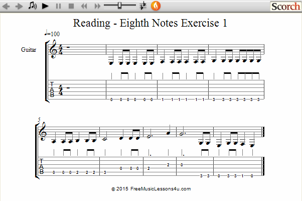 Reading Guitar Music 8th Notes Ex. 1